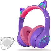 LOBKIN Bluetooth 5.4 Kids Headphones with Case - RGB LED Light Up Cat Ears Foldable Adjustable Over Ear Headphone Support Wireless or 3.5mm Wired Mode for Toddler &amp; Girls &amp; Boys Teens