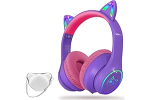 LOBKIN Bluetooth 5.4 Kids Headphones with Case - RGB LED Light Up Cat Ears Foldable Adjustable Over Ear Headphone Support Wireless or 3.5mm Wired Mode for Toddler & Girls & Boys Teens