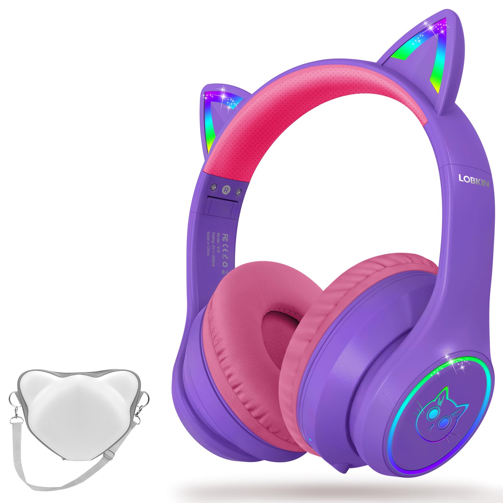 Photo 1 of LOBKIN Bluetooth 5.4 Kids Headphones with Case - RGB LED Light Up Cat Ears Foldable Adjustable Over Ear Headphone Support Wireless or 3.5mm Wired Mode for Toddler & Girls & Boys Teens