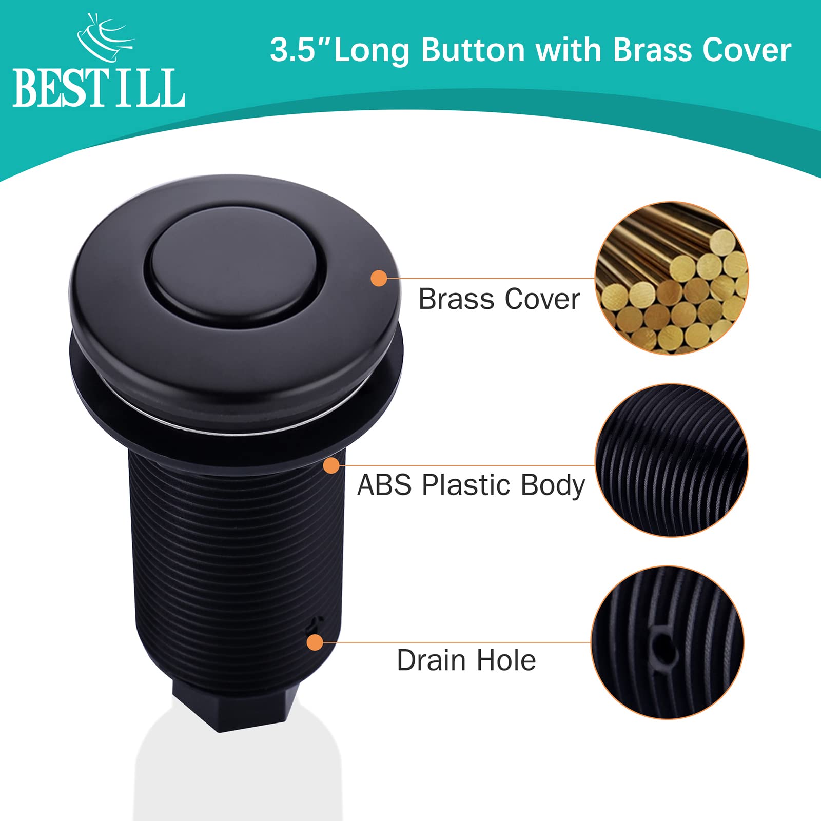 BESTILL Sink Top Garbage Disposal Air Switch Kit with Dual Outlet, Matte Black (Long Button with Brass Cover)