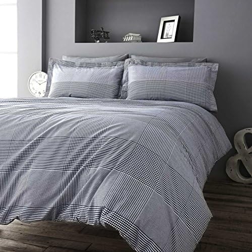100% Percale Cotton Chelford Black and White Striped / Checked King Size Duvet Cover Bed Set - 180 Thread Count by Accento