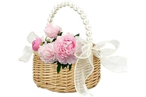 EQUNROY Flower Girl Basket - Woven Rattan Wedding Basket with Pearl Handle & Lace Bow, Rustic Elegant Flower Holder for Wedding Party, Garden Decor, Home Decoration