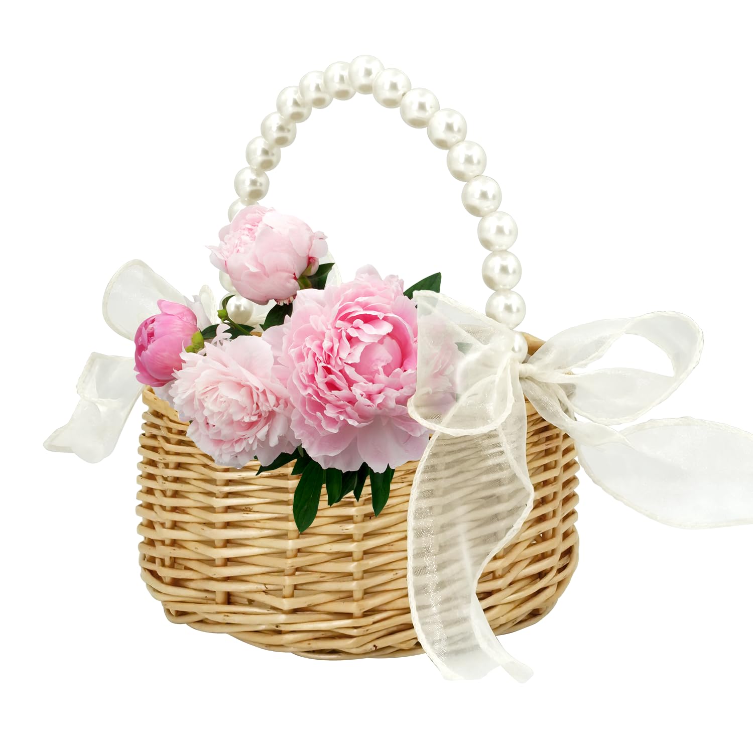 Photo 1 of Flower Girl Basket - Woven Rattan Wedding Basket with Pearl Handle & Lace Bow, Rustic Elegant Flower Holder for Wedding Party, Garden Decor, Home Decoration