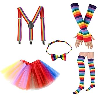 BESTOYARD Regenbogen Kostüm Sets Tutu Rock Fliege Hosenträger Lange Socken Handschuhe Cosplay Party Kostüm für Erwachsene 7 S