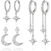 Plikin 3 Pair 14K Gold Plated Celestial Earrings Set for Women Moon and Star Cubic Zirconia Earring Stacks Hoop Chain Dangle Multiple Piercing Earrings Trendy Non Tarnish Jewelry Gifts