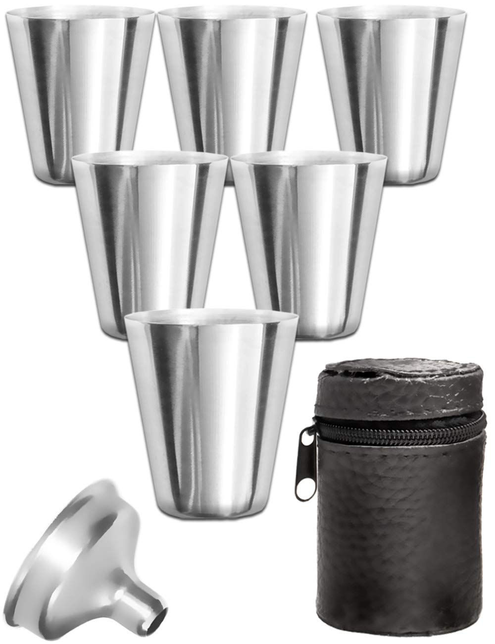 Outdoor Saxx® - 8 Piece Stainless Steel Cup Set, 6 Unbreakable Shot Cups, Metal Shot Glasses, Metal Cup with Filling Funnel and Leather Bag, Ideal Hip Flask Accessory