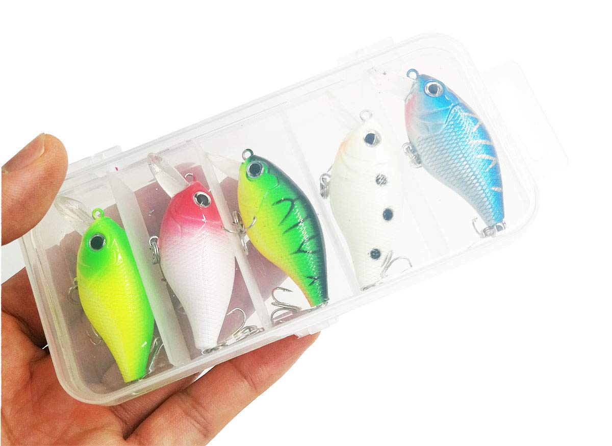 5pcs Sea Fishing Lures Set Kit Minnow Floating Crankbait Bait Jig Hook Hard Bait Set with Steel Ball Inside and Spangle Triple Hook,7g/5.5cm