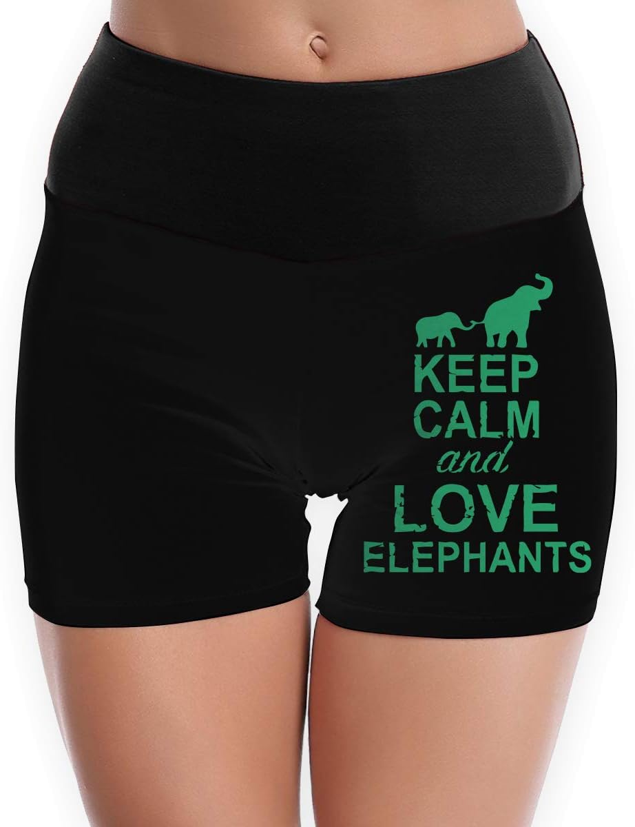 Keep Calm and Love Elephants Women's Tummy Control Yoga Shorts Bike Running Yoga Short Pants