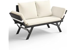 TAVATA Outdoor Sofa, Woven Rattan Patio Loveseat with Adjustable Armrests & Removable Cushions, Convertible Daybed Couch with 2 Pillows for Patio, Porch, Poolside (Beige)