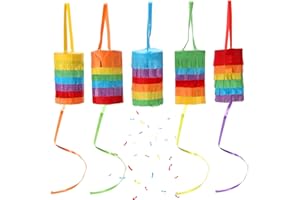 Auihiay 5 Pack Mini Pinatas for Birthday Party, Pull String Rainbow Cylinder Pinata Garland for Cinco De Mayo, Mexican Taco Party, Kids Adults Birthday Party, Anniversary, Baby Shower Decorations