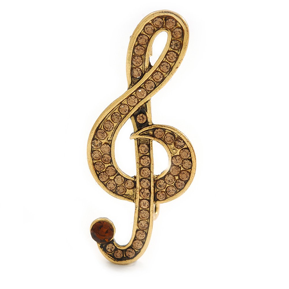 Light Topaz Crystal Treble Clef Brooch In Gold Tone Metal - 45mm
