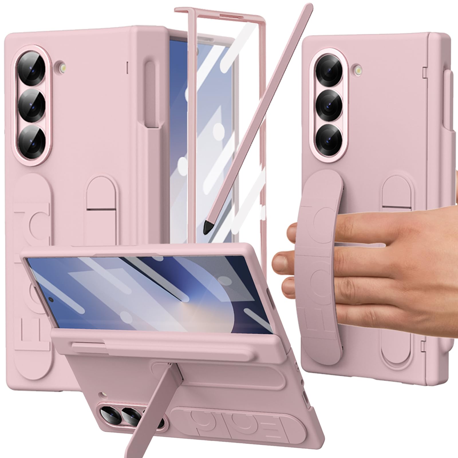 Photo 1 of YQODSZ for Samsung Galaxy Z Fold 6 Case with Finger Strap, [Includes S Pen Holder & Stylus] Z Fold 6 Hand Strap Case Full Coverage Screen Protector Hinge Protection Wristband Case for Z Fold 6 Pink