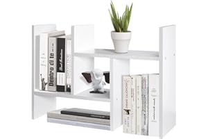 TY ARTS & CULTURE - Expandable Wood Desktop Storage Organizer Multipurpose Desk Bookshelf Display Shelf Rack Counter Top Bookcase for Office Home | White