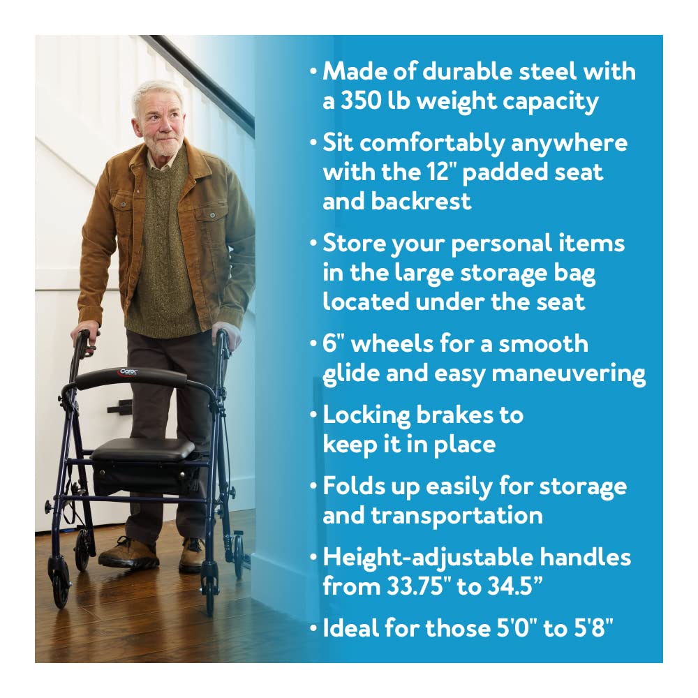 Carex Steel Rollator Walker with Seat and Wheels, Rolling Walker for Seniors, Supports 350lbs, For 5'0