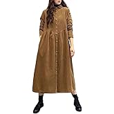 ebossy Womens Corduroy Button Down Shirt Dress Long Sleeve Lapel A-Line Pleated Midi Long Dress with Pockets