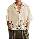 VIPWOLF Men's Floral Button Down Cropped Shirts Short Sleeve Collared Vacation Casual Dress Shirts Tops