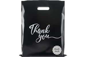 Rainbows & Lilies 100 Thank You Plastic Bags with Handles - 12"W x 15"H Thick Reusable Bulk Shopping Bags for Small Business, Retail, Boutique, Merchandise, Clothes, Gifts, Goodie Party Favors (Black)