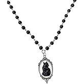 Cykdohy Retro Black Cat Cameo Pendant Beads Chain Choker Gothic Necklace for Women Men Goth Steampunk Antique Silver Elliptical Frame Charm Statement Mysterious Halloween Party Witch Costume Jewelry