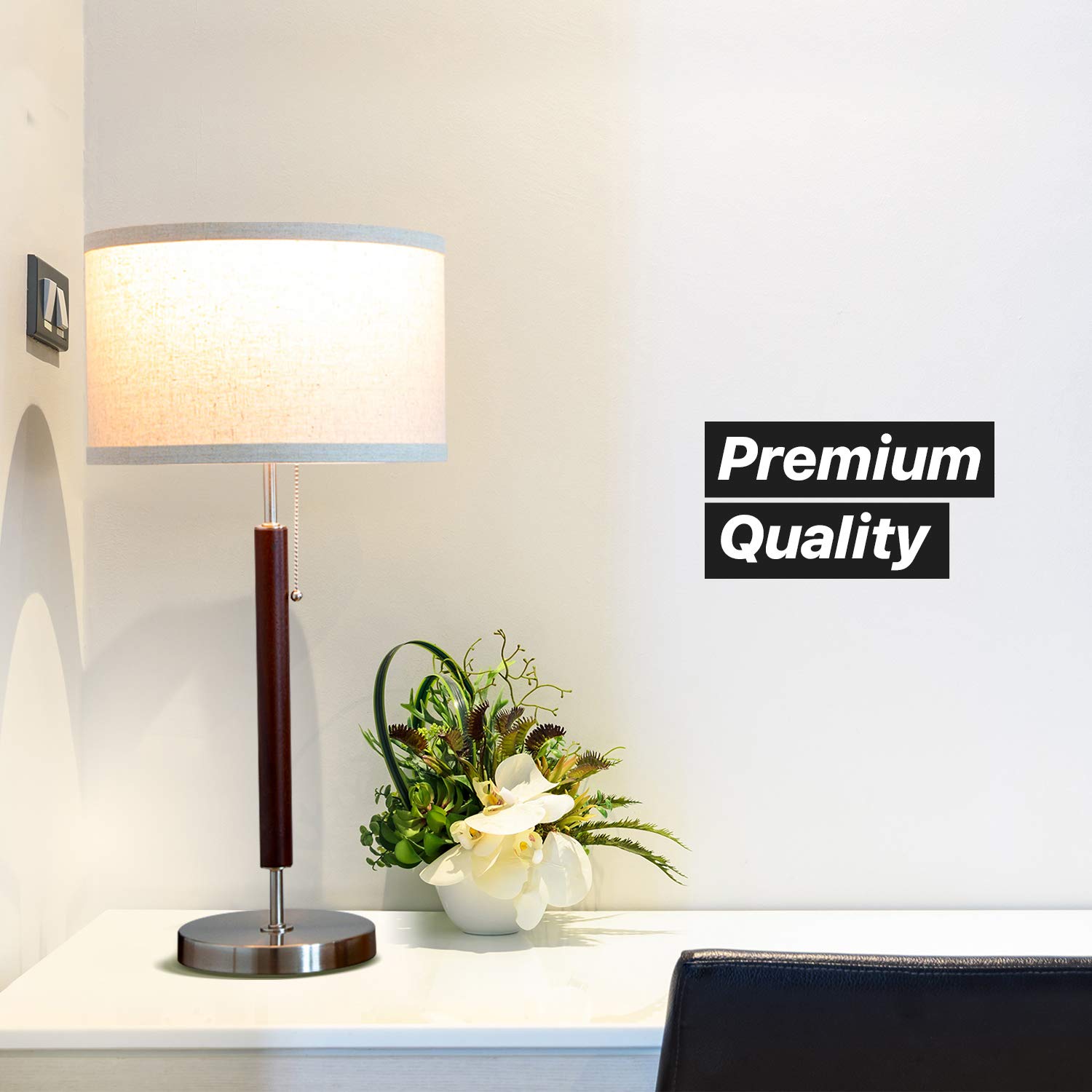 Brightech Carter LED Bedside Lamp - Compact Table & Desk Reading Lamp for Bedroom, Living Room, Office - Modern Nightstand & Side Lamp with Soft Ambient Light - Stainless Steel & Wood Finish