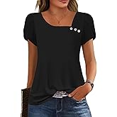 Womens Petal Sleeve Tops Summer Trendy T Shirt Casual Loose Square Neck Button Blouse Tees