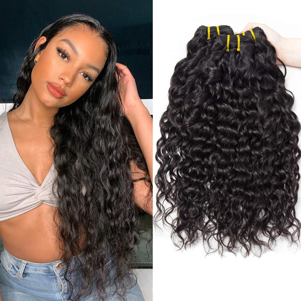 Water Wave Human Hair Bundles Brazilian Hair Bundles Real Human Hair Curly Weave Bundles Human Hair 100% Unprocessed Brazilian Virgin Human Hair Extension 3 Bundles 10 12 14 inch Natural Black Color