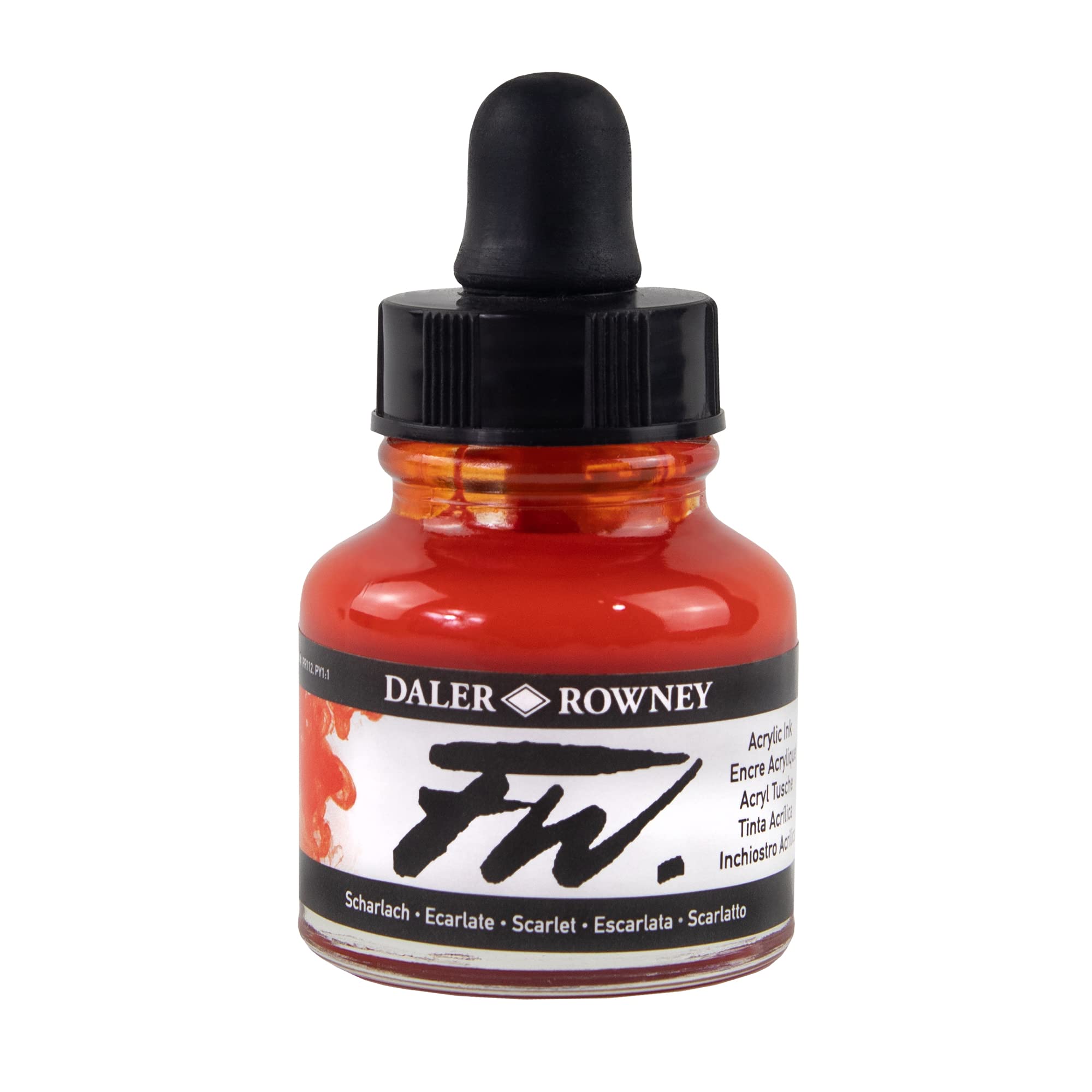 Daler-Rowney FW Acrylic Ink, Glass Bottle with Dropper, 1oz - 29.5 ml, Scarlet