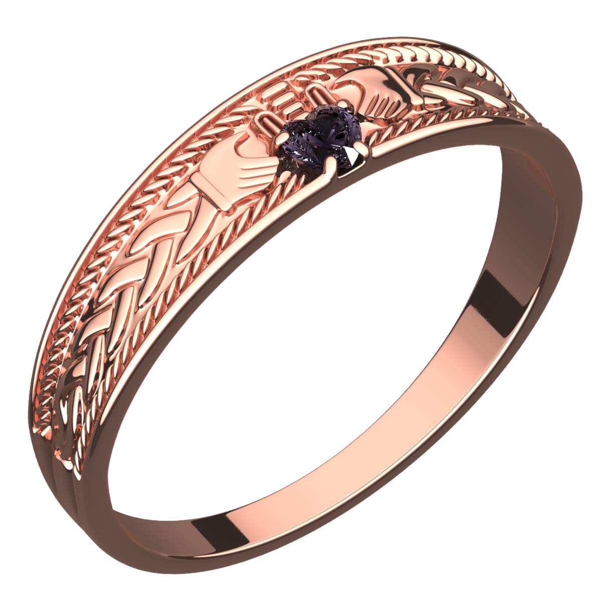 GWG Jewellery 18K Rose Gold Coated 925 Sterling Silver Claddagh Ring with Heart Shaped Amethyst Purple Stone, Hands, and Crown – 9 in Gift Box for Women