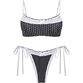 seamoly Gingham Spliced Ruched Ruffles Trim Bowknot Decor Tie Side Bikini Set