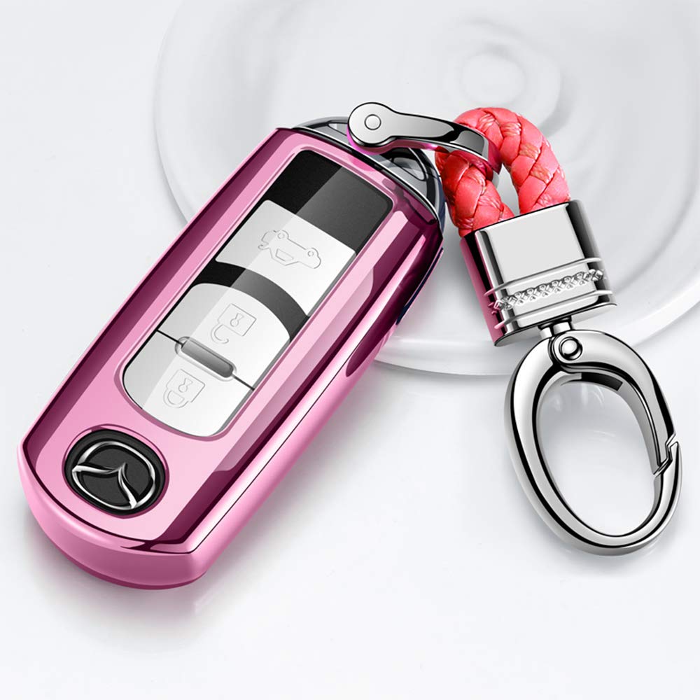 Mazda Key-Fob Shell Key-Case - Compatible With Mazda 4-Buttons Smart Remote Key ,Premium Soft TPU For Car Key protection (PINK)