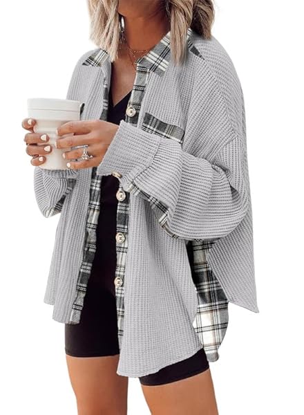 SHEWIN WOMENS WAFFLE KNIT SHACKET BUTTON-DOWN SHIRT JACKET...