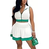 Cigrimi Tennis Outfit Skirt Sets Women 2 Piece Outfits Zipper V Neck Crop Tops and Pleated Skirt Set Summer Tracksuits