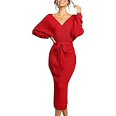 Chang Yun Women's Long Maxi Sweater Dresses Sexy Wrap Batwing V Neck Slit Open Back Holiday Bodycon Dress with Belt
