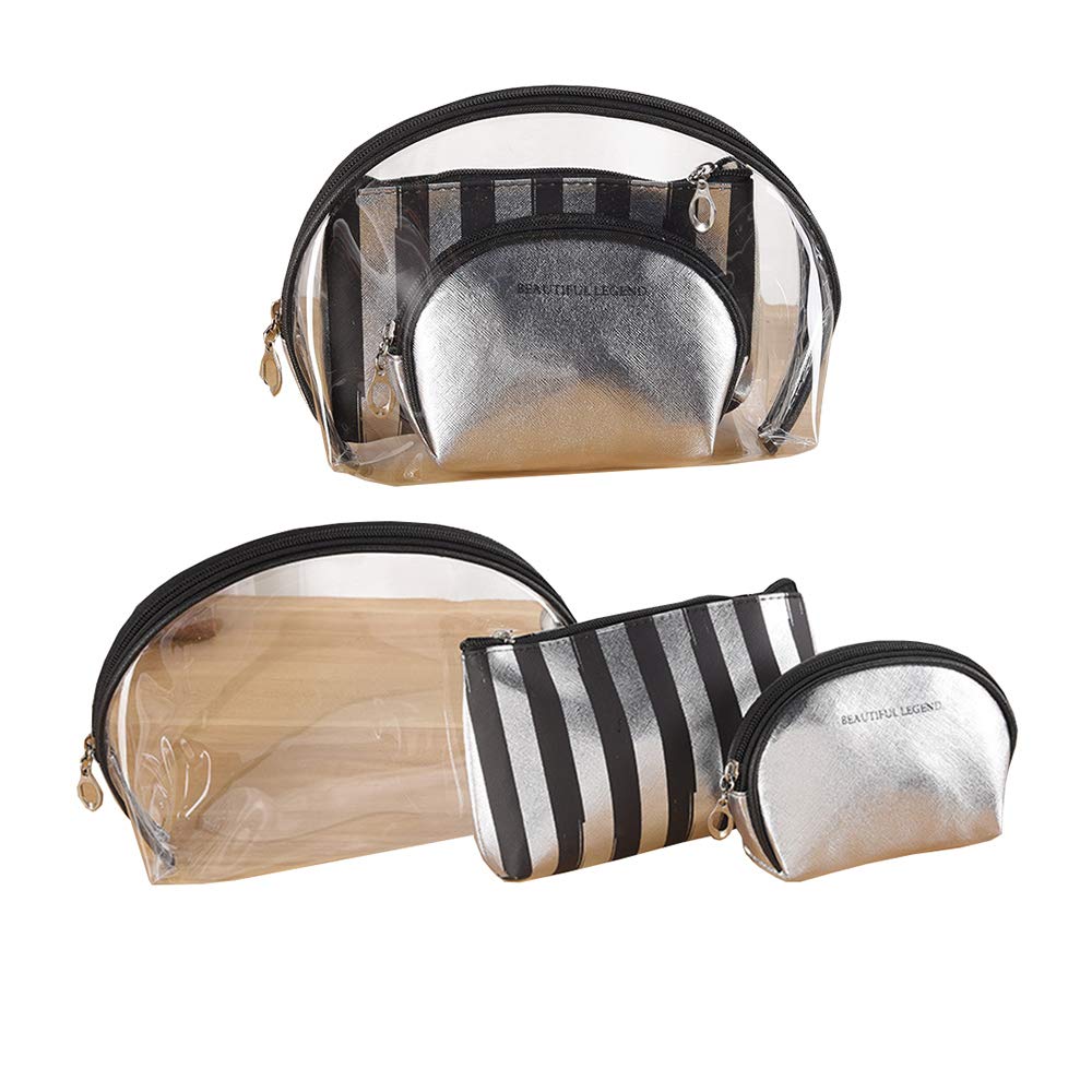 3 Pieces Cosmetic Bag Set Transparent Waterproof Cosmetic Bag PVC Wash Bag for Vacation,Travelling,and Organizing (Silver)