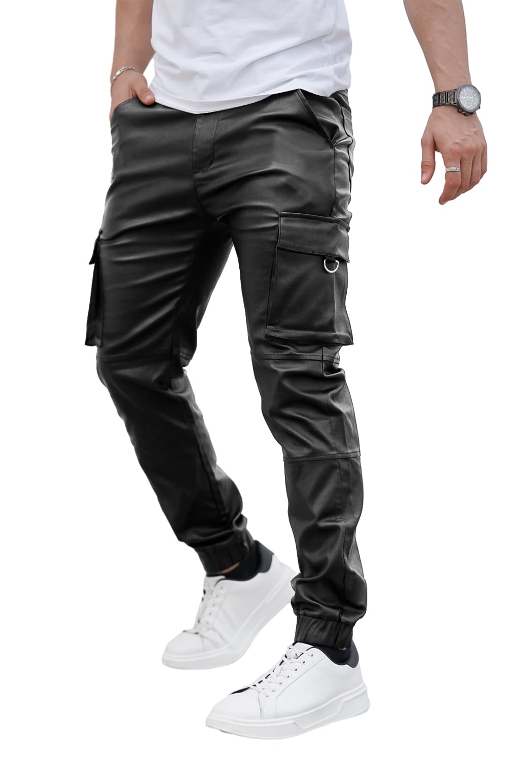 Photo 1 of GINGTTO Mens Cargo Pants Slim Fit Black Leather Joggers Pants for Men Motorcycle Pants 34x32