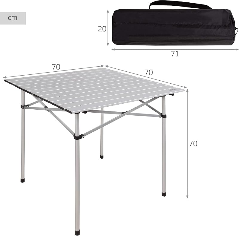 Mesa dobrável leve, mesa de campismo em alumínio, tampo laminado, 70x70x70 cm, com saco de transporte, paragens antiderrapantes, para 4 pessoas (52840)
