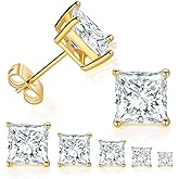 5 Pairs 14K Gold Plated Princess Cut Clear Cubic Zirconia Stud Earring Set for Women Men