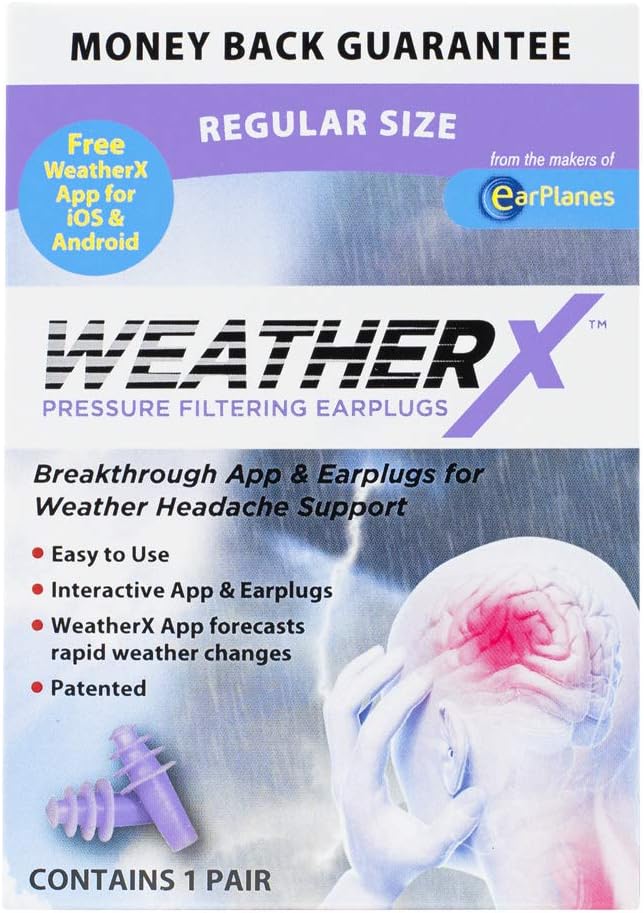 WeatherX Migraine Prevention- Pressure Filtering Earplugs for Shifts in Barometric Weather Pressure Adult Size (1 Pair)
