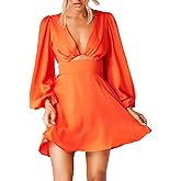 Women's Dress Satin Deep V-Neck Long Sleeve Mini Dress Silk Lantern Sleeve A-Line Front Cut Out Dresses