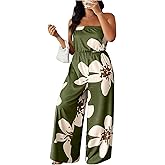 OYOANGLE Women's Plus Size Jumpsuit Floral Print Strapless Romper Summer Off Shoulder Vacation Outfit