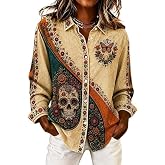 Women Día De Los Muertos Shirt Floral Sugar Skull Print Button Down T-Shirt | Mexican Day of The Dead T Shirt Casual Holiday Fall Shirts Long Sleeve Tops Vintage Funny Gift Halloween Clothes 2026