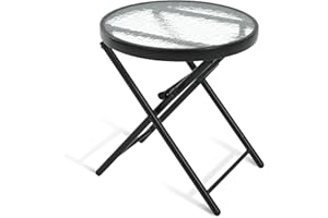 Villeston Folding Outdoor Side Table -Patio End Bistro Tables Portable Small 17.5" Round Tempered Glass Top Waterproof Dining Coffee Metal Black