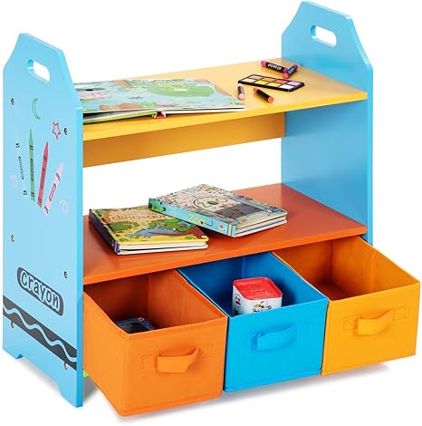 Costzon Crayon Themed 2 Tier Kids Bookshelf With 3 Storage Bins
