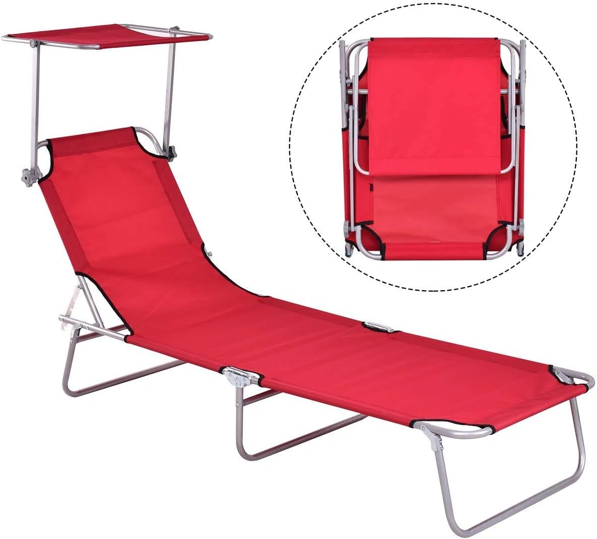 HAPPYGRILL Patio Chaise Lounge Chair Foldable Adjustable Positions Relaxing Chair Recliner with Sun Shade for Garden Beach Poolside