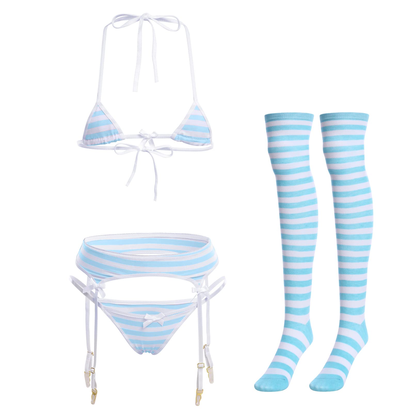 Photo 1 of ***See Notes***Women Cute Kawaii Lingerie set Halter Strap Micro Bra Tiny Panty Garter Belt 3Pc Underwear Swimwear Bathing Suit Blue + White Stripe One Size