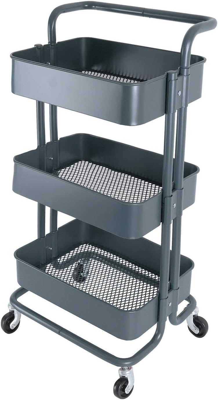 3-Tier Metal Mesh Storage Shelf Utility Rolling Cart with Removable Handle and Plug, Indoor or Outdoor Storage Organizer, Dark Gray