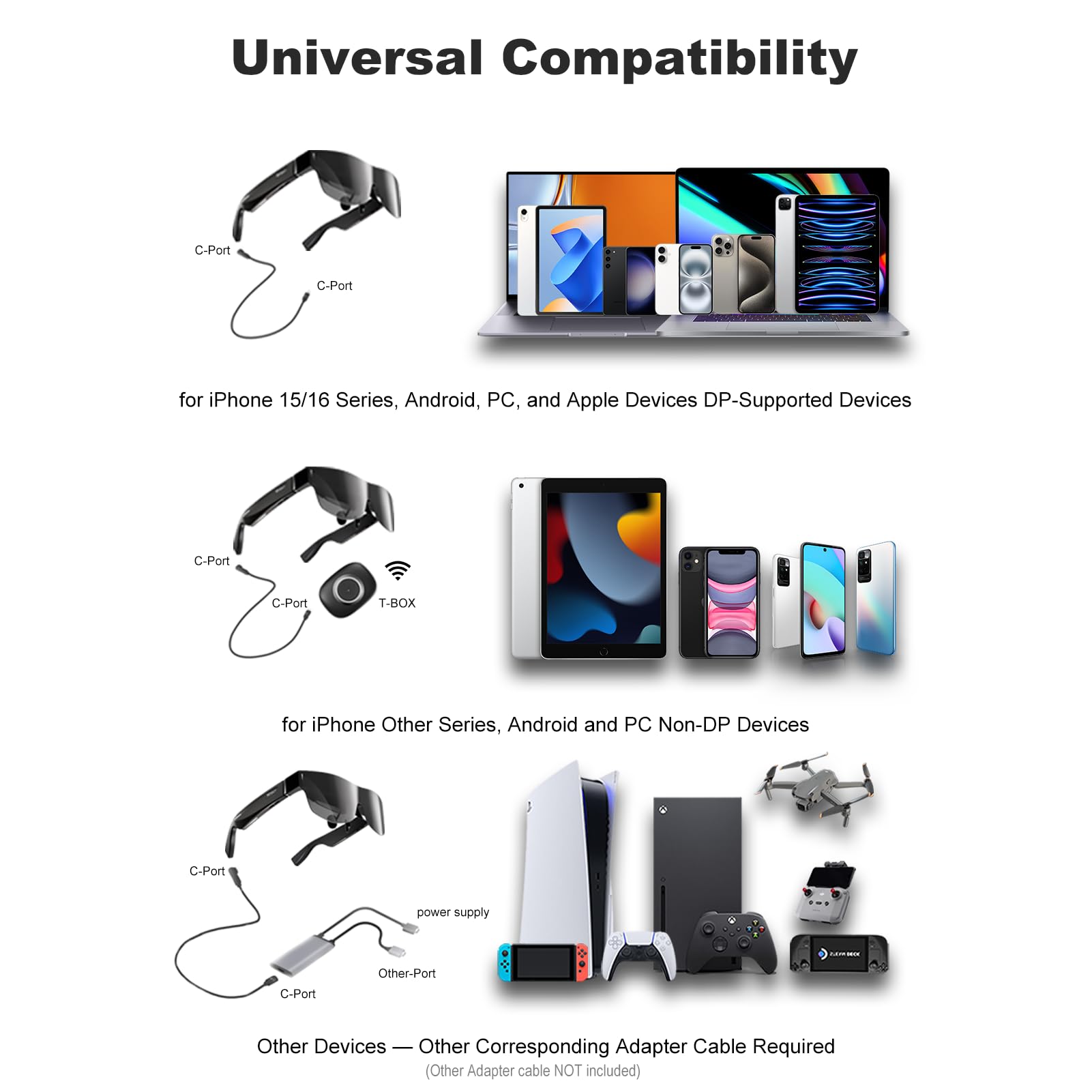 TQSKY T1 AR Glasses with T-Box, Portable Massive 1080P Screen, Built-in 150