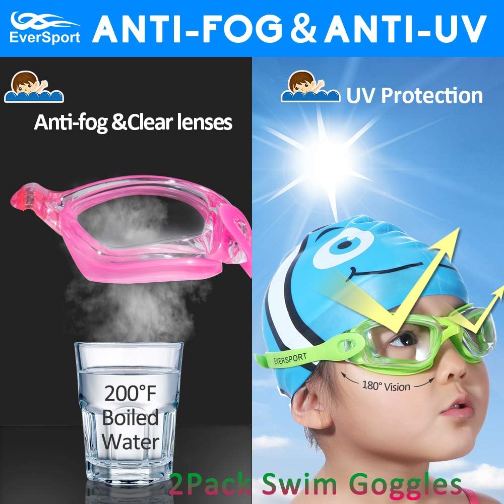 Kids Swim Goggles, 2 Pack Crystal Clear Swimming Goggles for Children and Teenagers, Anti-fog Anti-UV Youth Swimming Glasses, Leak proof, Free ear plugs, one button open straps, for 4-16 Y/O : Sports & Outdoors