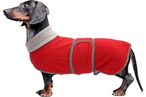 MOREZI Dachshund Coats Sausage Dog Fleece Coat in Winter Miniature Dachshund Clothes with Hook and Loop Closure and high vis Reflective Trim Safety - Red - S