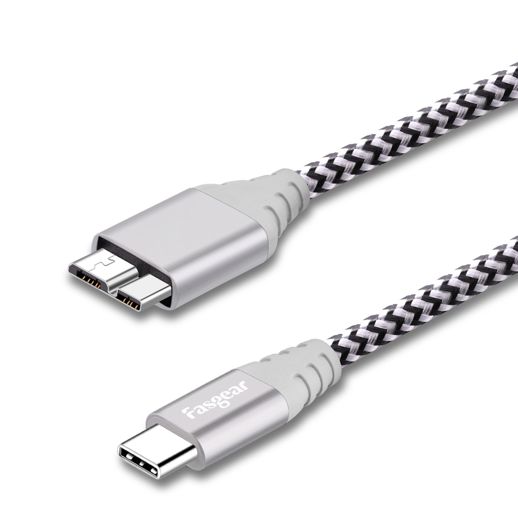Fasgear USB C to Micro B Cable [3ft] Nylon Braided Metal Connector Type C to Micro 3.0 Cable Fast Charge 5Gbps Sync Compatible with Toshiba Canvio, Galaxy S5 Note 3 and More (3ft, Gray)