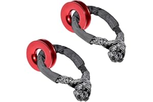 Anzios 2X Red Aluminum Recovery Rings + 2X Black Synthetic Fiber Soft Shackle Winch Ropes WLL 15,000 lbs Breaking Strength 38